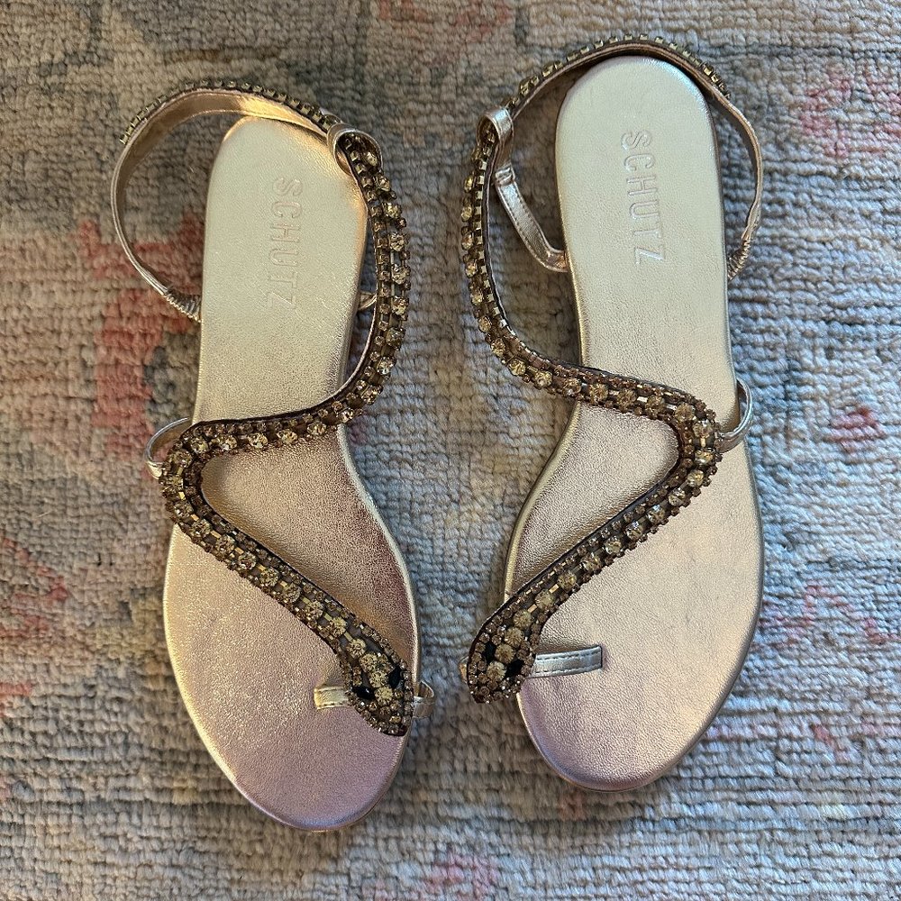 SCHUTZ- GOLD Snake Crystal Embellished Flat Sandal - never worn!